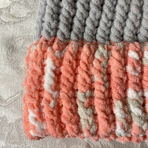 Hand Crafted Knitted Grey and Peach Pom Pom Hat - Picture 2 of 3